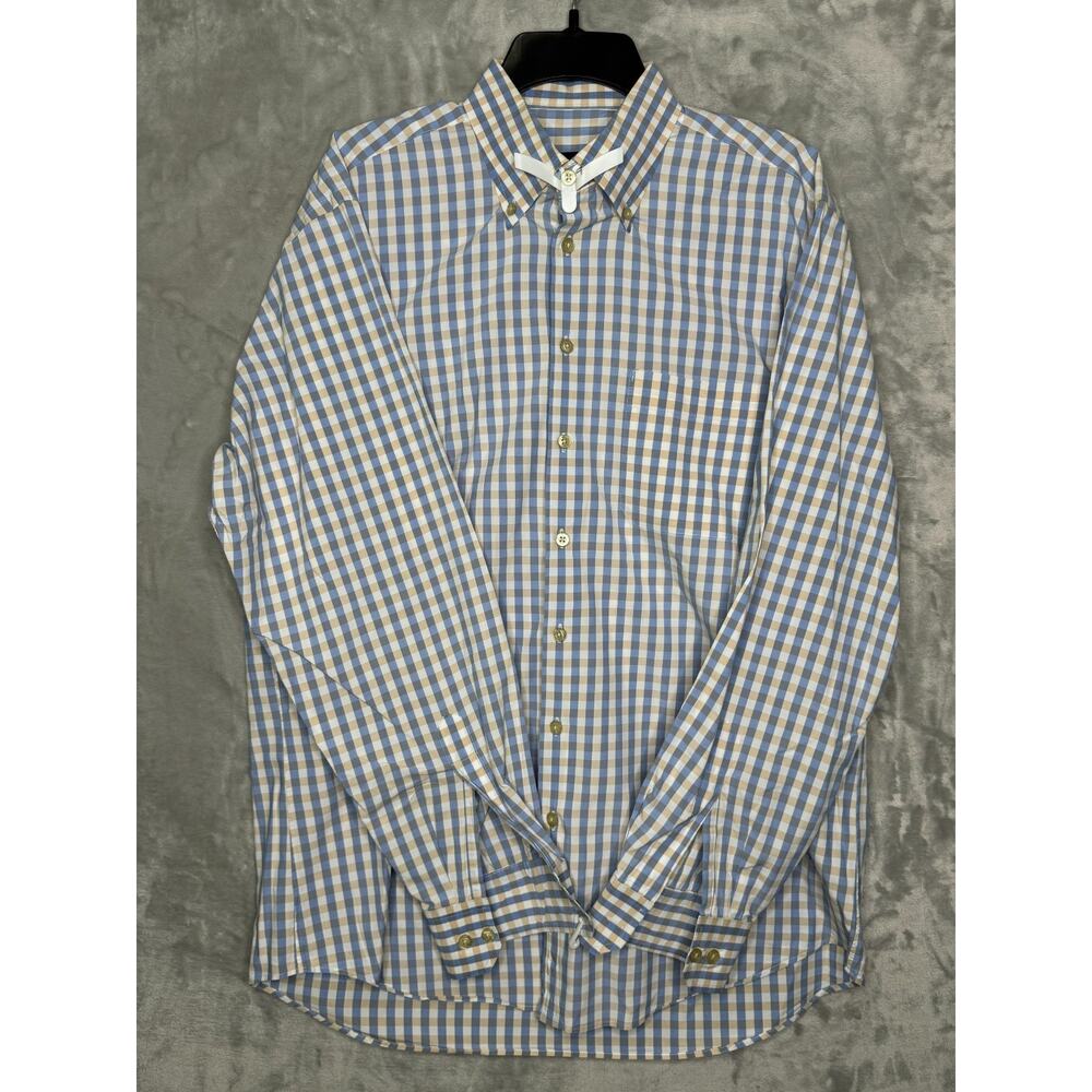 Scott Barber Shirt Mens Large Blue Tan Plaid Long Sleeve Button Front Casual